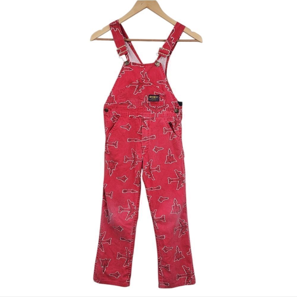 Oshkosh Vintage Vestbak Red Airplane Print Overalls Size 7